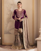 Ready To Wear Purple & Black Pure Georgette Sequence Work Gharara Suit With Dupatta
