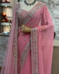 Designer Pink Soft Georgette Embroidery & Zari Work Saree With Blouse