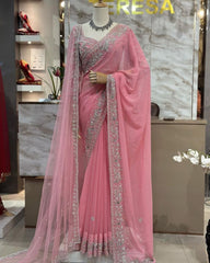 Designer Pink Soft Georgette Embroidery & Zari Work Saree With Blouse