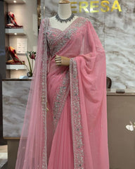 Designer Pink Soft Georgette Embroidery & Zari Work Saree With Blouse
