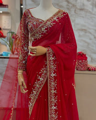 Designer Red Soft Georgette Embroidery & Zari Work Saree With Blouse