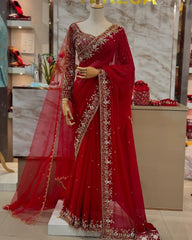 Designer Red Soft Georgette Embroidery & Zari Work Saree With Blouse