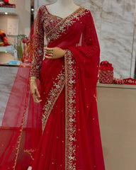 Designer Red Soft Georgette Embroidery & Zari Work Saree With Blouse