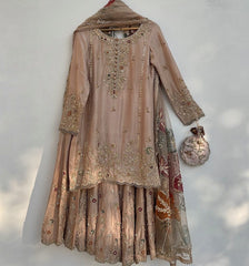 Exclusive Sand Beige Chinon Silk Embroidery Work Sharara Suit With Dupatta