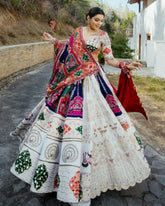 Navratri Special Cream Muslin Cotton Embroidery Work Lehenga Choli With Multi Dupatta