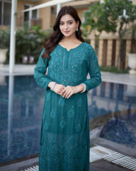 Soft Georgette Embroidery Work Rama Kurti & White Palazo