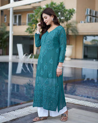 Soft Georgette Embroidery Work Rama Kurti & White Palazo