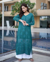 Soft Georgette Embroidery Work Rama Kurti & White Palazo