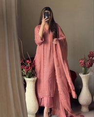 Peach , Green & Yellow Georgette Silk GPO Lace Work Palazo Suit With Dupatta