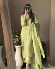 Peach , Green & Yellow Georgette Silk GPO Lace Work Palazo Suit With Dupatta