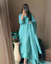 Peach , Green & Yellow Georgette Silk GPO Lace Work Palazo Suit With Dupatta