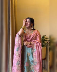 Sky And Pink Jimmy Silk Embroidery Work Palazo Suit With Dupatta