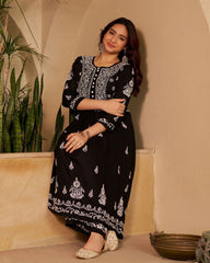Black Rayon Cotton Embroidery Work Top With Bottom