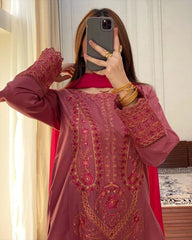 Designer Scarlet Red Roman Silk Embroidery Work Pakistani Suit With Dupatta