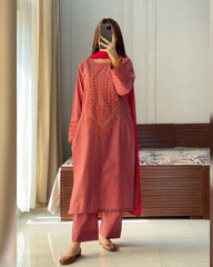 Designer Scarlet Red Roman Silk Embroidery Work Pakistani Suit With Dupatta