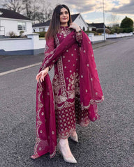 Designer Dark Pink Georgette Embroidery Work Pakistani Suit With Dupatta