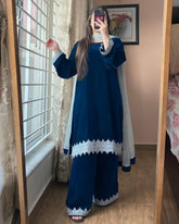 Exclusive Blue Premium Velvet Palazo Kurti With Dupatta