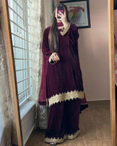 Exclusive Wine Premium Velvet Palazo Kurti With Dupatta