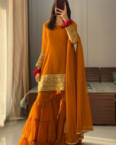 Exclusive Mustard Yellow Soft Georgette Embroidered Gharara Suit With Dupatta