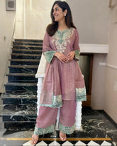 Exclusive Dusty Pink Silk Embroidered Palazo Kurti With Dupatta
