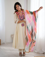 Designer Khadi Cotton Embroidery Work Anarkali Suit With Multi Dupatta