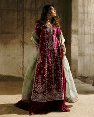 Ready To Wear Dark Pink Soft Georgette Embroidery Work Sharara Suit With Green Dupatta