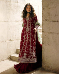 Ready To Wear Dark Pink Soft Georgette Embroidery Work Sharara Suit With Green Dupatta