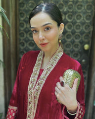 Exclusive Rose Red Velvet Embroidery Work Pakistani Suit With Dupatta