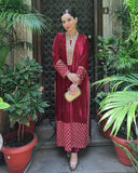 Exclusive Rose Red Velvet Embroidery Work Pakistani Suit With Dupatta