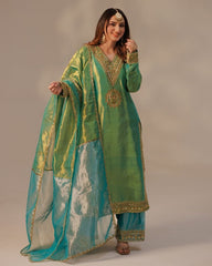Yellow , Green & Red Chinon Silk Sequence Work Pant Suit With Dupatta