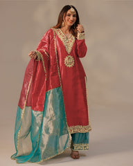 Yellow , Green & Red Chinon Silk Sequence Work Pant Suit With Dupatta