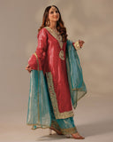 Yellow , Green & Red Chinon Silk Sequence Work Pant Suit With Dupatta