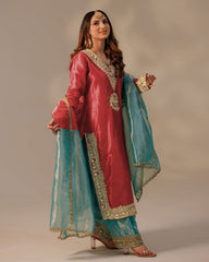 Yellow , Green & Red Chinon Silk Sequence Work Pant Suit With Dupatta