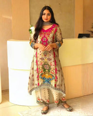 Cream Chinon Silk Sequence Work Anarkali Suit With Dupatta