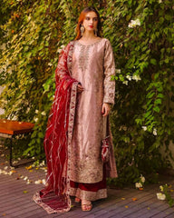 Copper Jimmy Silk Sequence Work Pant Suit With Maroon Dupatta