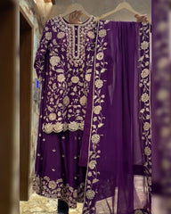 Purple & Sky Chinon Silk Sequence Work Sharara Suit With Dupatta