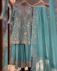 Purple & Sky Chinon Silk Sequence Work Sharara Suit With Dupatta