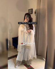 Cream Chinon Silk Sequence Work Sharara Suit With Dupatta