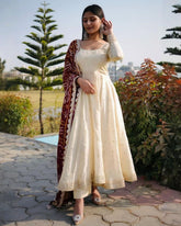 Cream Chinon Silk Sequence Work Anarkali Suit With Maroon Dupatta