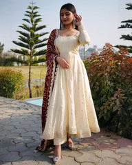 Cream Chinon Silk Sequence Work Anarkali Suit With Maroon Dupatta