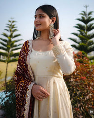 Cream Chinon Silk Sequence Work Anarkali Suit With Maroon Dupatta