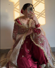 Exclusive Red Chinon Silk Embroidery Work Gharara Suit With Dupatta