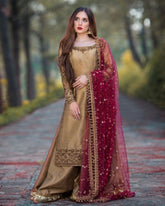 Golden Beige Chinon Silk Sequence Work Palazo Suit With Rani Dupatta
