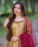 Golden Beige Chinon Silk Sequence Work Palazo Suit With Rani Dupatta
