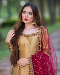 Golden Beige Chinon Silk Sequence Work Palazo Suit With Rani Dupatta