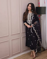 Exclusive Black Soft Georgette Embroidery Work Pant Suit With Dupatta