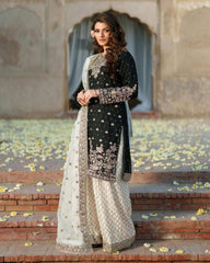 Black & White Chinon Silk Moti Work Palazo Suit With Dupatta