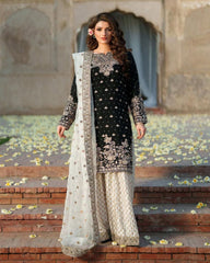 Black & White Chinon Silk Moti Work Palazo Suit With Dupatta