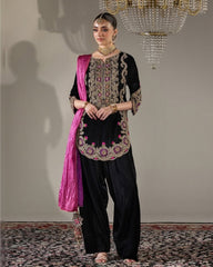 Exclusive Black Velvet Sequence Work Salwar Suit With Pink Dupatta
