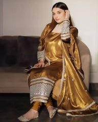 Yellow Golden Jimmy Silk Embroidery Work Pakistani Suit With Dupatta